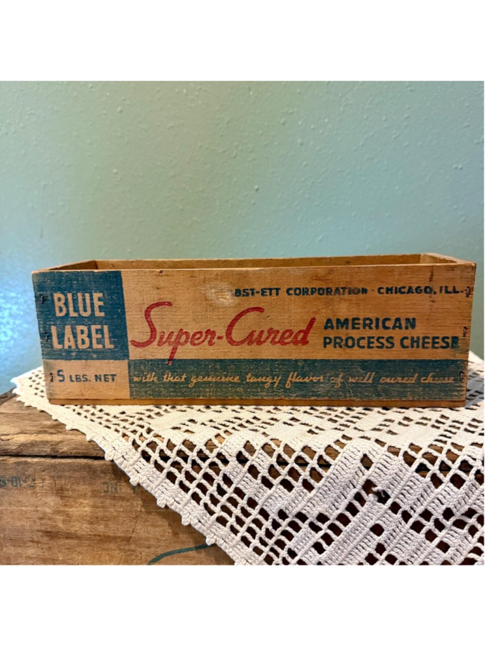 Vintage Wooden Cheese Box Blue Label Super Cured | Antique 5 lb Process Cheese C